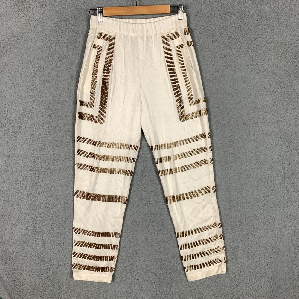 Mara Hoffman Pants‎ Women's XS Cream/Gold Beaded Pull On High Rise Casual Boho